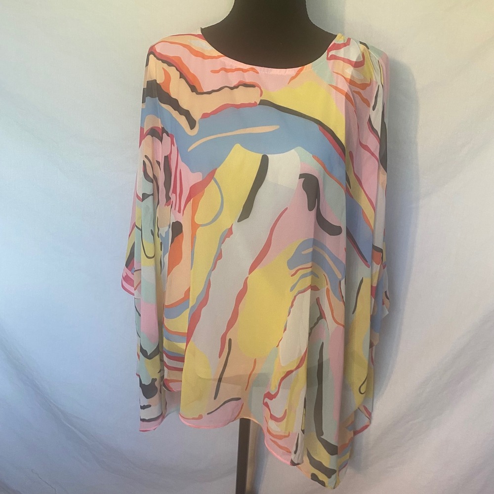 Umgee R0303 Women Pink Yellow Blue Abstract Print Sheer Chiffon Poncho Top S